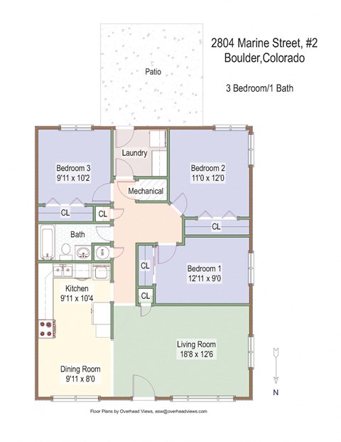 Floor plan for 3 beds, 1 bath, 1050 sqft